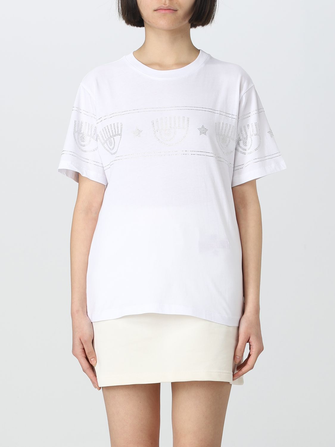 T-shirt Chiara Ferragni: T-shirt Chiara Ferragni in cotone con strass applicati bianco 1