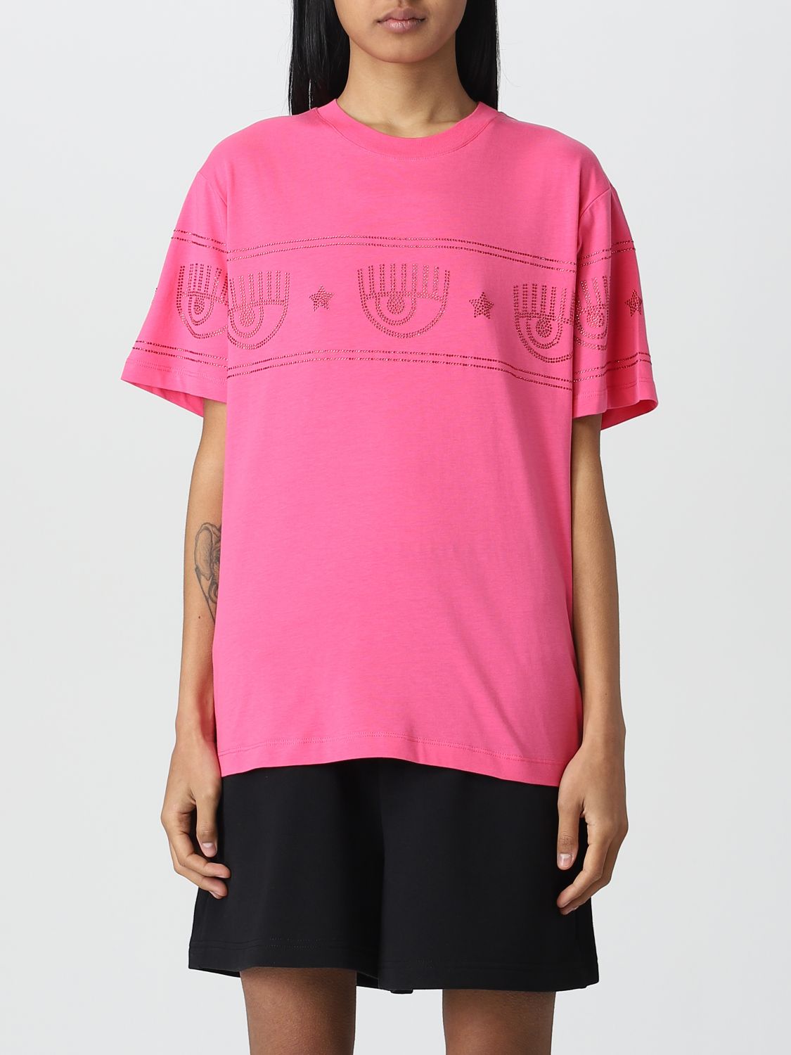 T-shirt Chiara Ferragni: T-shirt Chiara Ferragni in cotone con strass applicati rosa 1