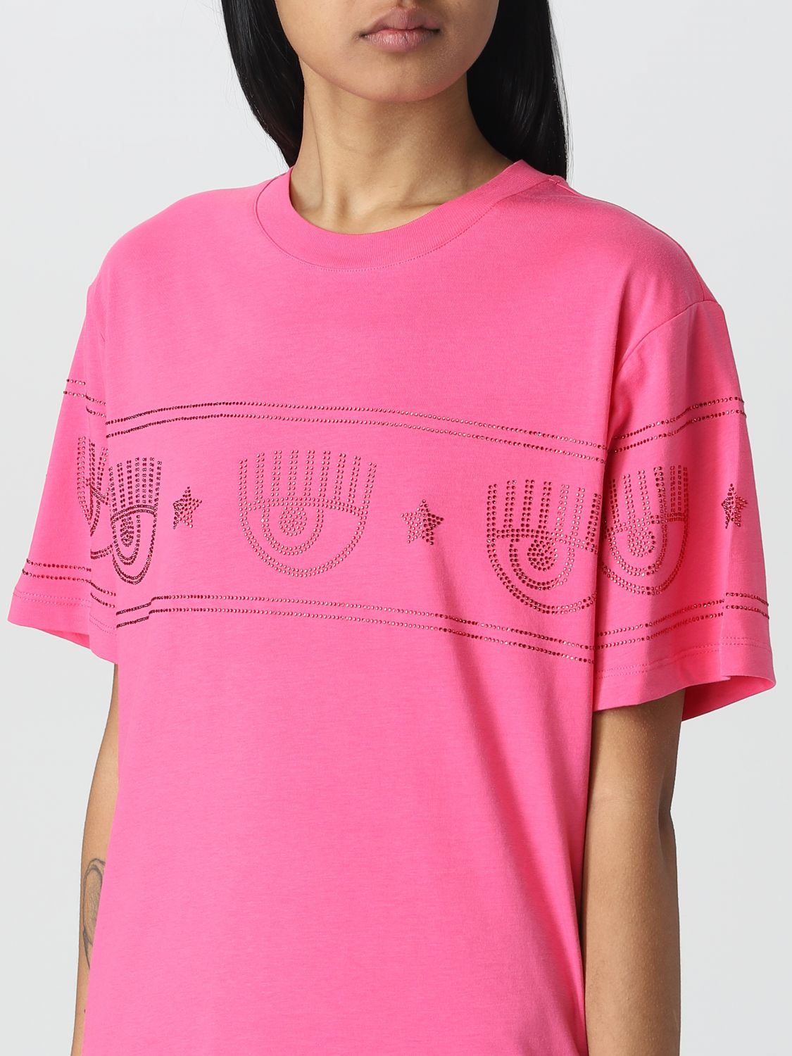 T-shirt Chiara Ferragni: T-shirt Chiara Ferragni in cotone con strass applicati rosa 3