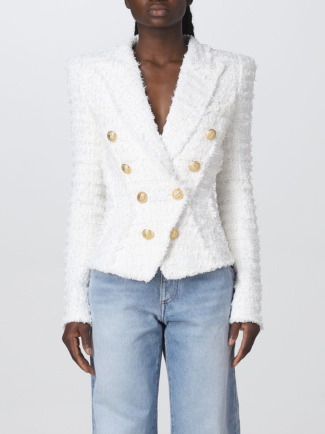 BALMAIN: blazer in tweed - White  Balmain blazer AF1SI207XE36 online at