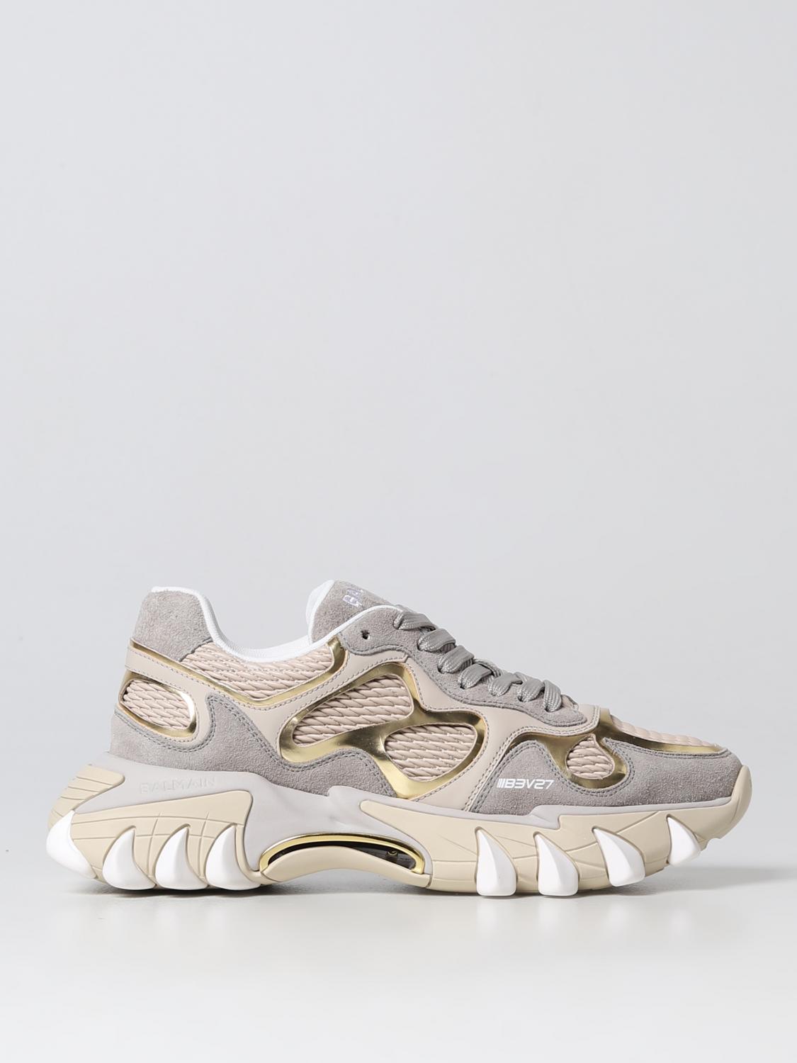 Balmain B-east Sneakers In Gray And Gold Suede And Leather In Grey