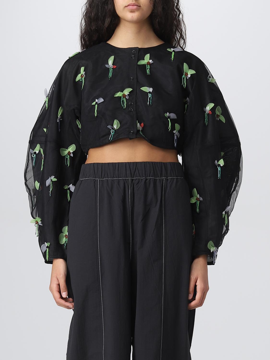 Ganni Bead-embellished Cropped Blouse In Black