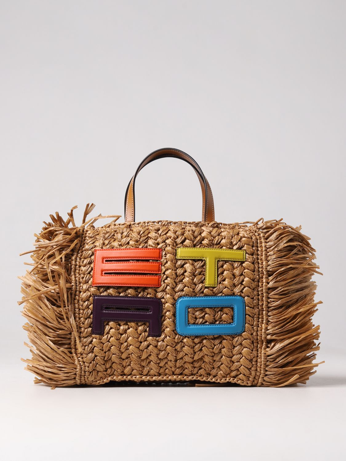 Shop Etro Bag In Woven Raffia With Fringes In Multicolor