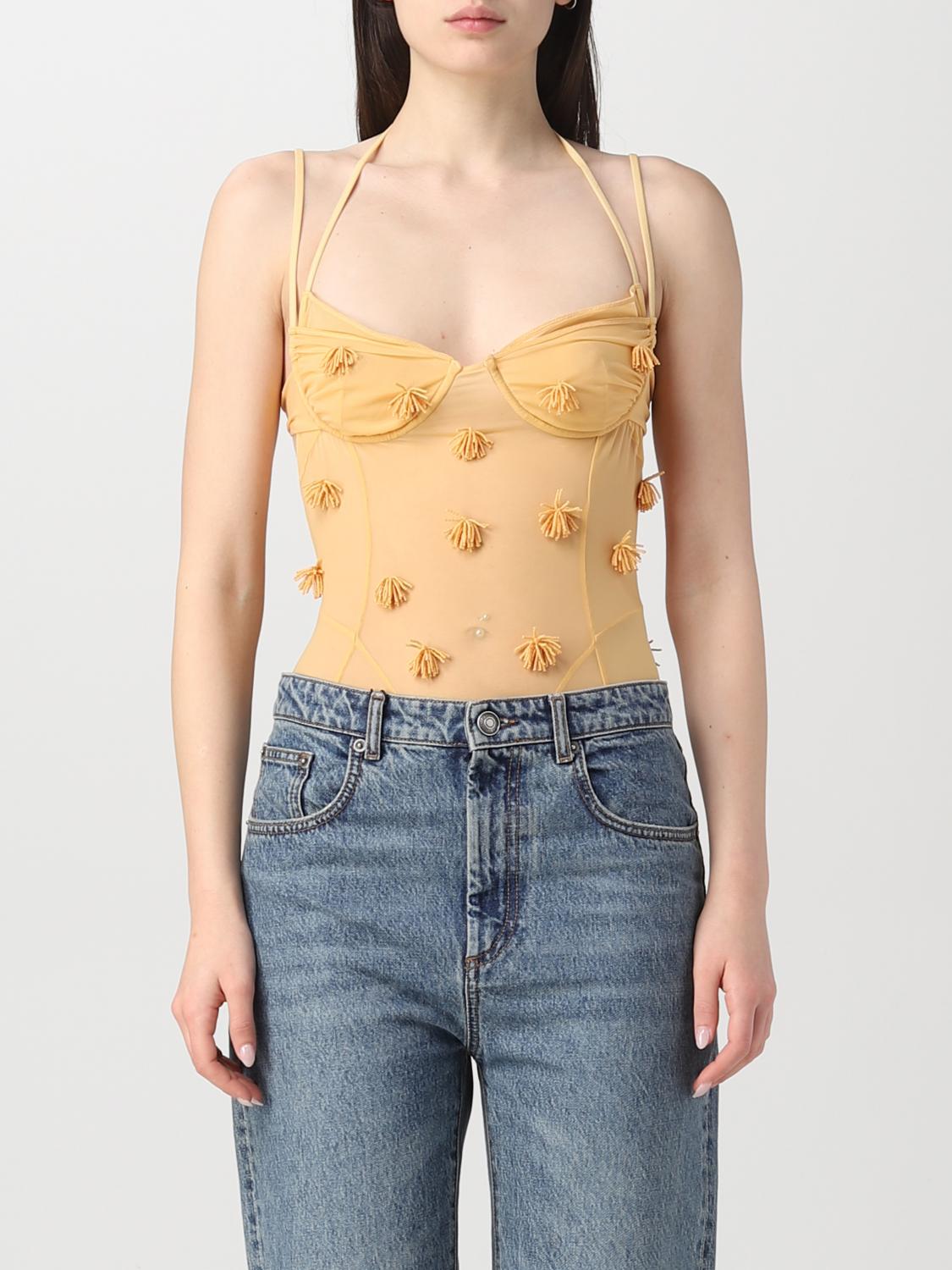 Jacquemus Le Body Ilha Beaded Mesh Bodysuit In Yellow