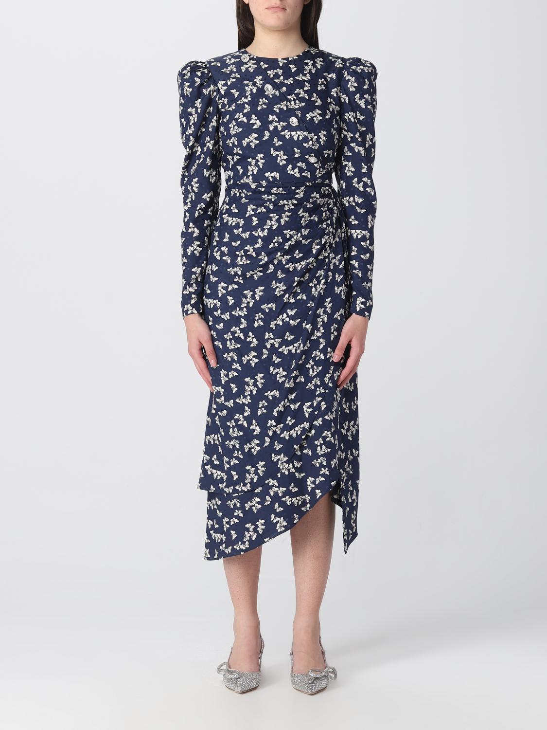 Alessandra Rich Draped Button-embellished Printed Silk-jacquard Midi Dress In Blue