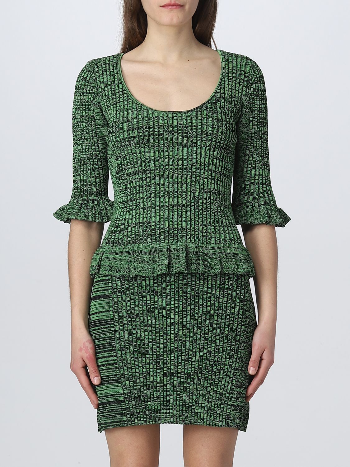 Ganni Ruffle-trimmed Ribbed-knit Sweater In Green