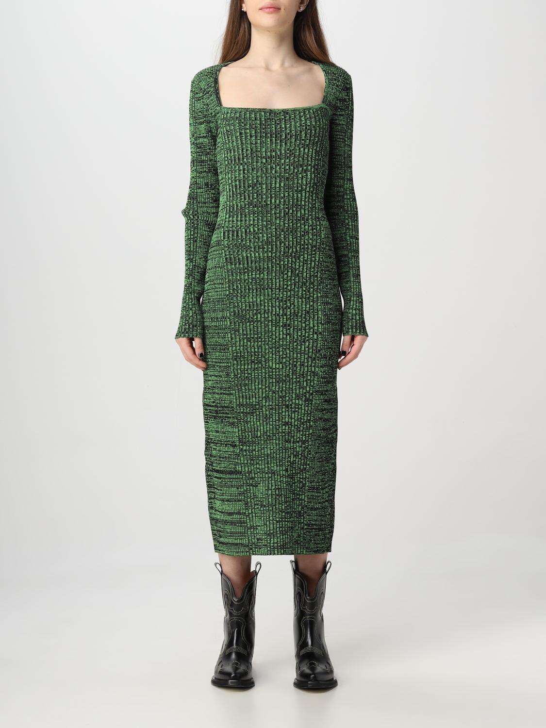 Ganni Ribbed Square-neck Midi Dress In Green