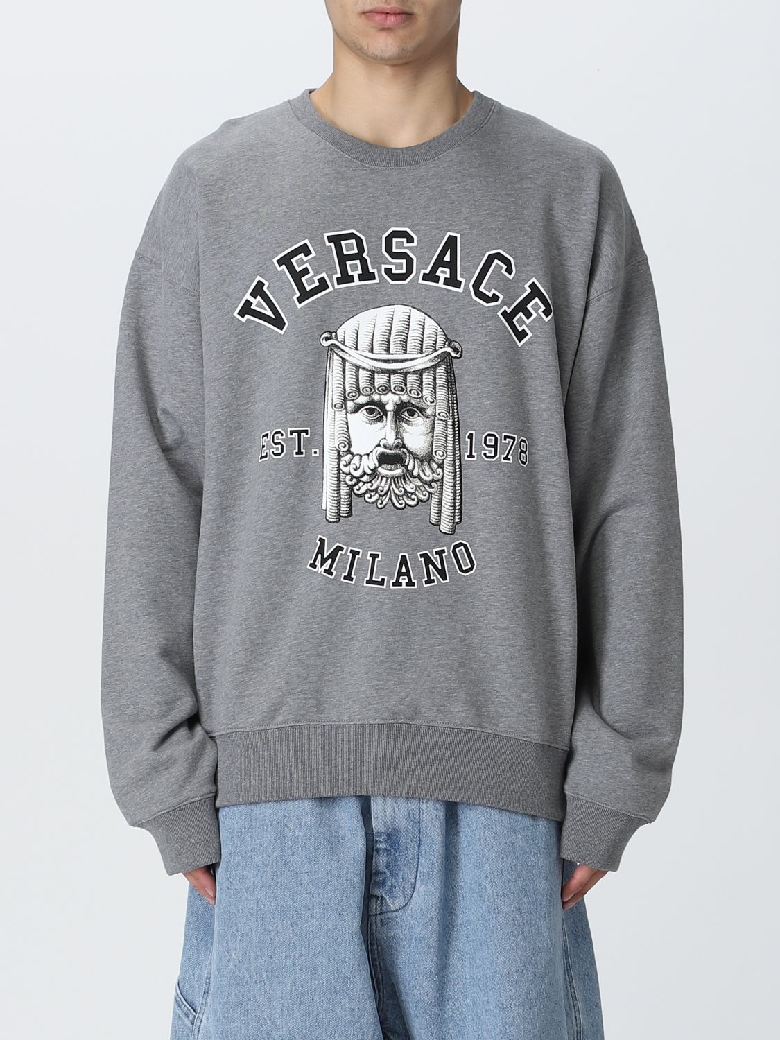 Shop Versace Le Maschere  Cotton Sweatshirt In Grey