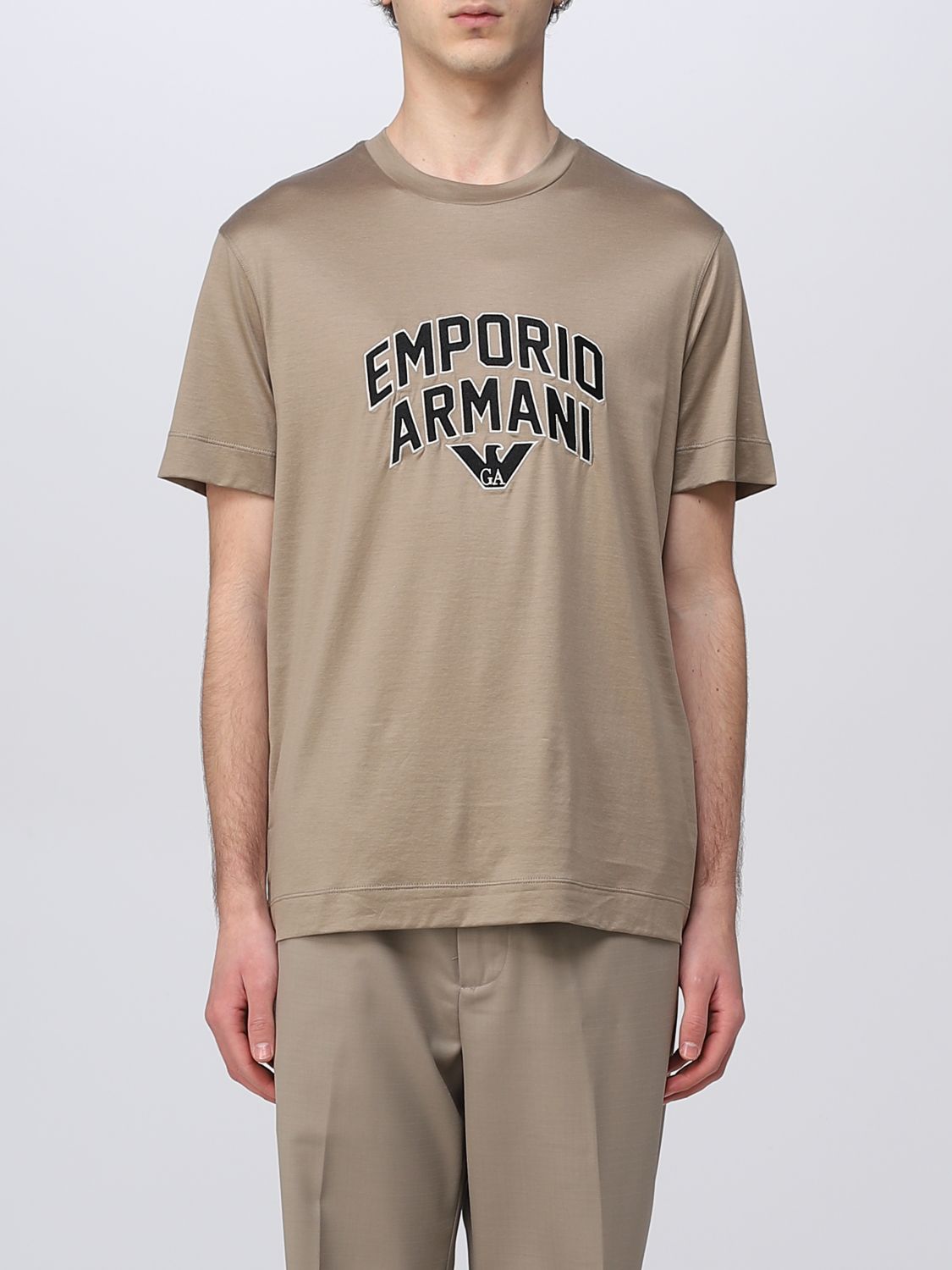Shop Emporio Armani Cotton Blend T-shirt With Logo In Beige