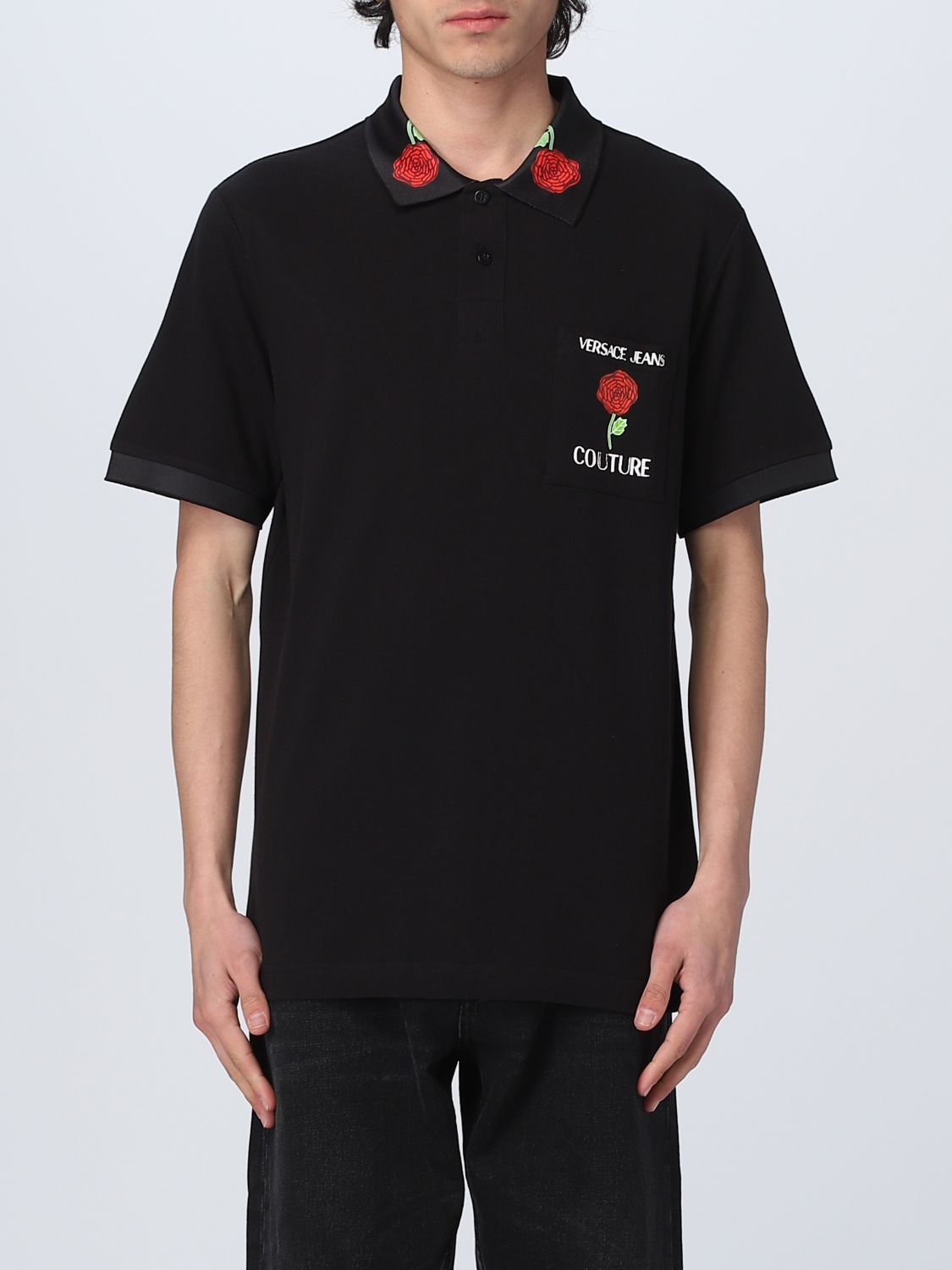 Versace Jeans Couture Embroidered Rose Polo Shirt In Black