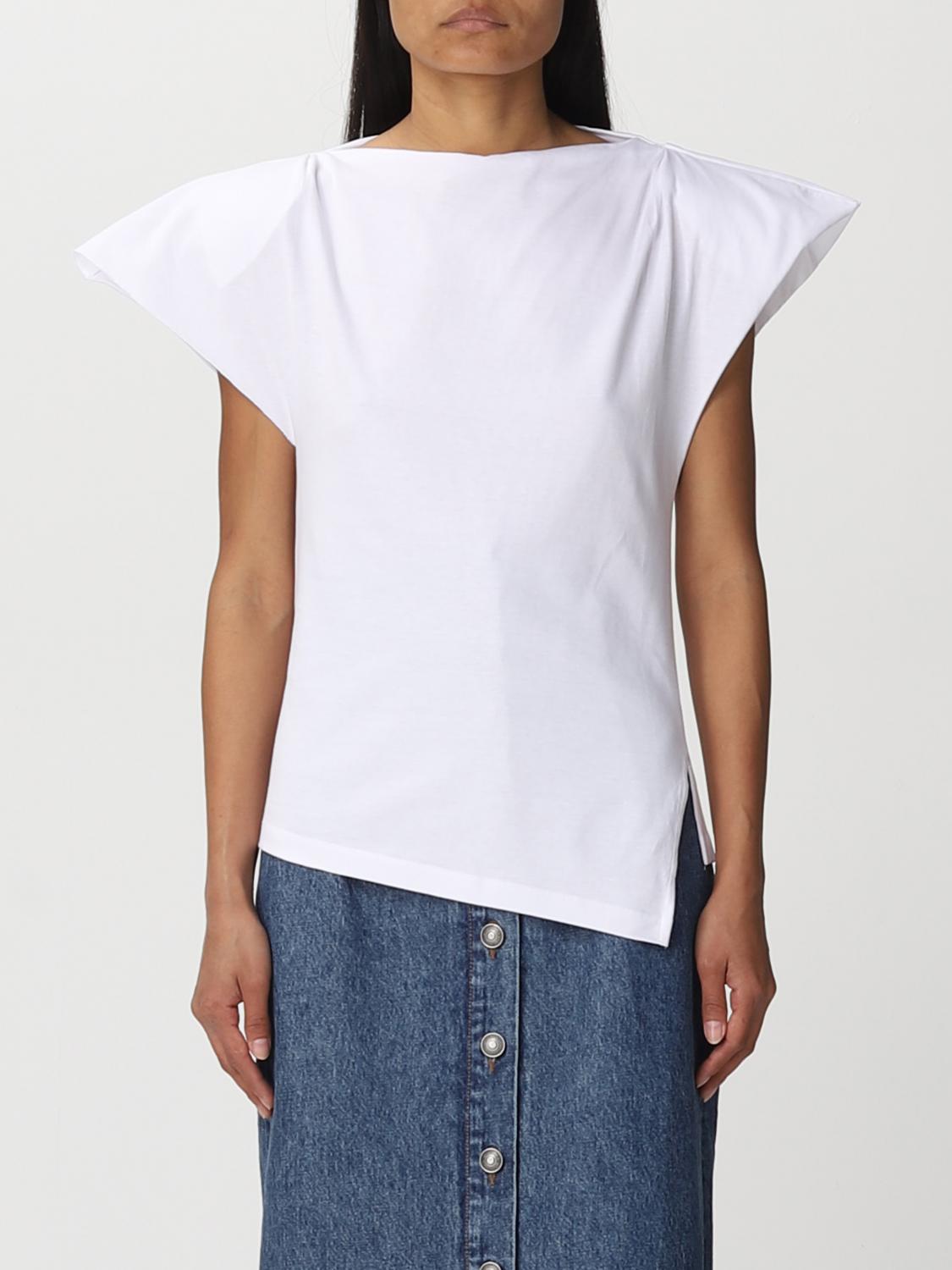 Isabel Marant Sebani Asymmetric Raw Edge Cap Sleeve Cotton Blouse In White