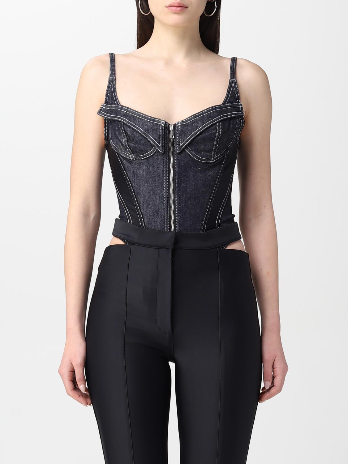 Mugler Navy & Black Paneled Denim Bodysuit In Blue