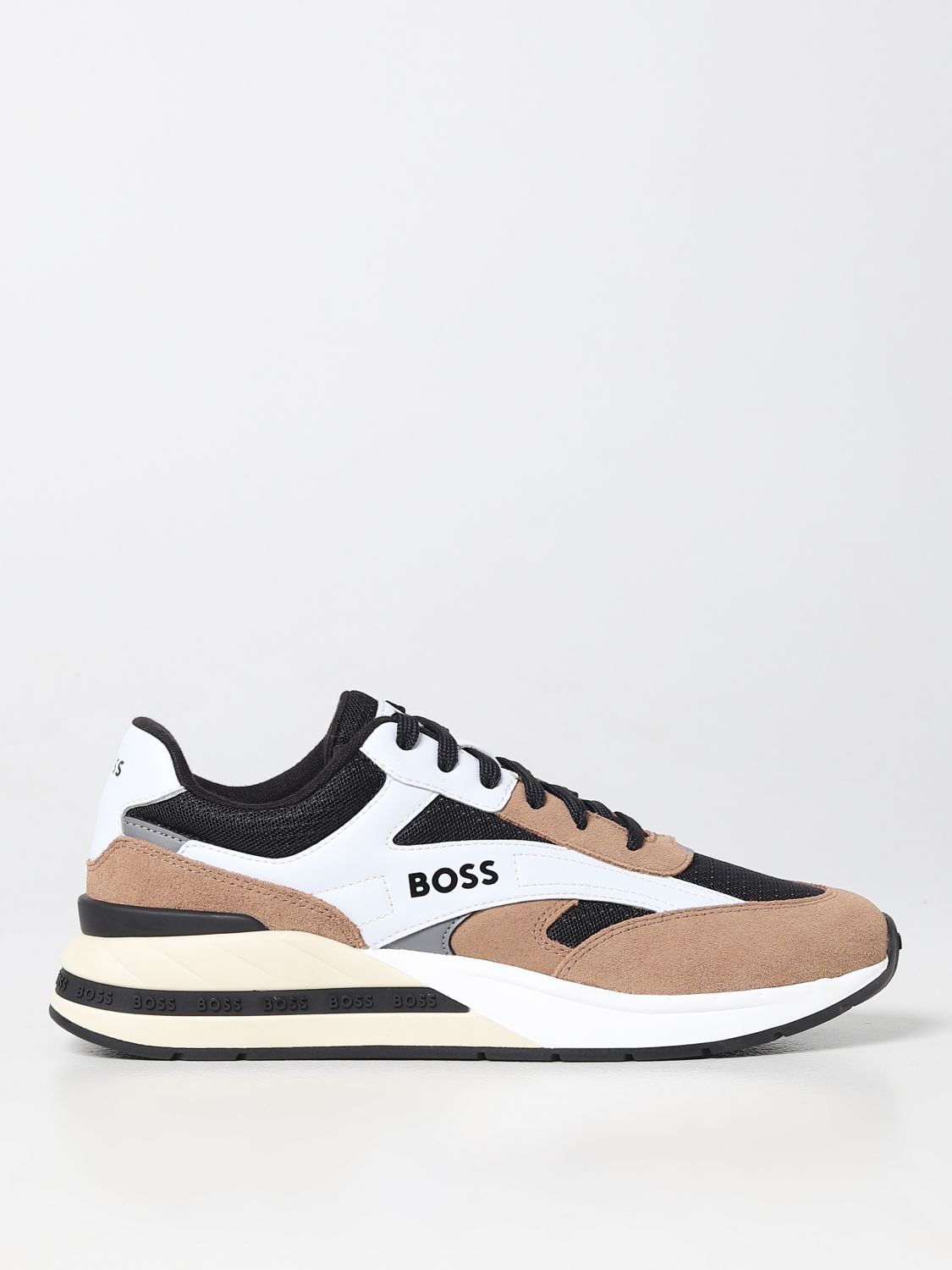 Hugo Boss Mixed-material Lace-up Trainers With Suede Trims In Light Brown