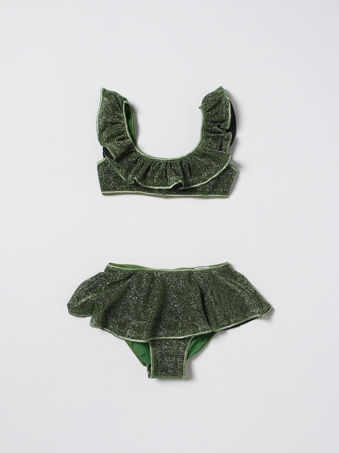Oseree Kids' Metallic-effect Ruffled Bikini Set In Green