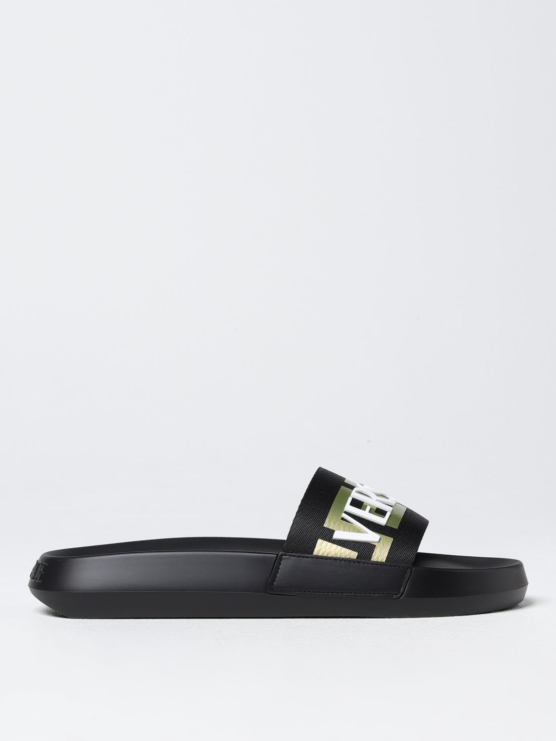 VERSACE: slides in fabric and synthetic leather - Black | Versace ...
