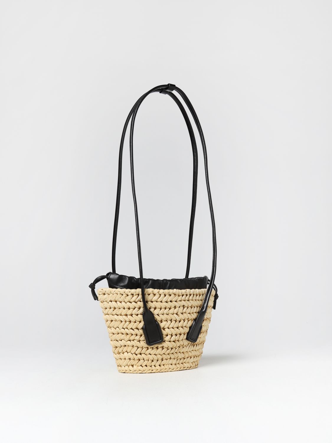 BOTTEGA VENETA: bag in raffia and nappa leather - Black | Bottega ...