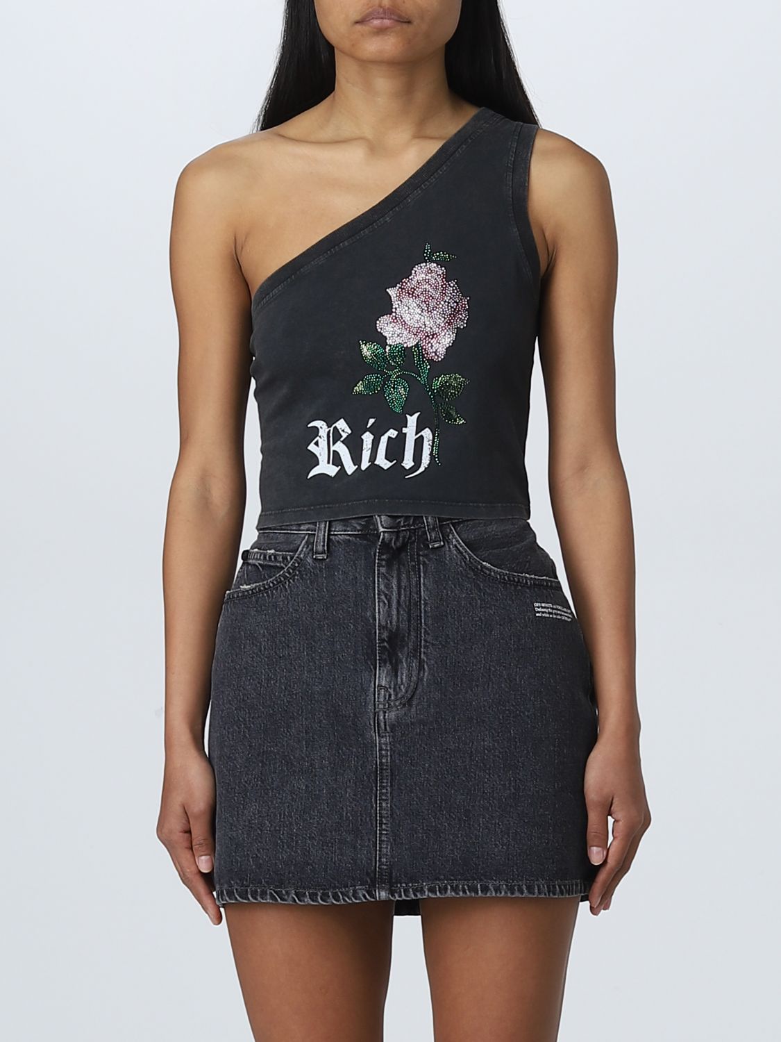 Alessandra Rich Let's Kiss Cropped One-shoulder Crystal-embellished Cotton-jersey Top In Grey