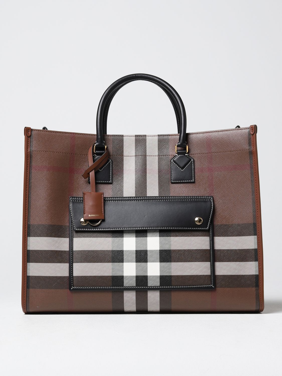 BURBERRY: Freya bag in saffiano coated cotton with all over check print -  Brown