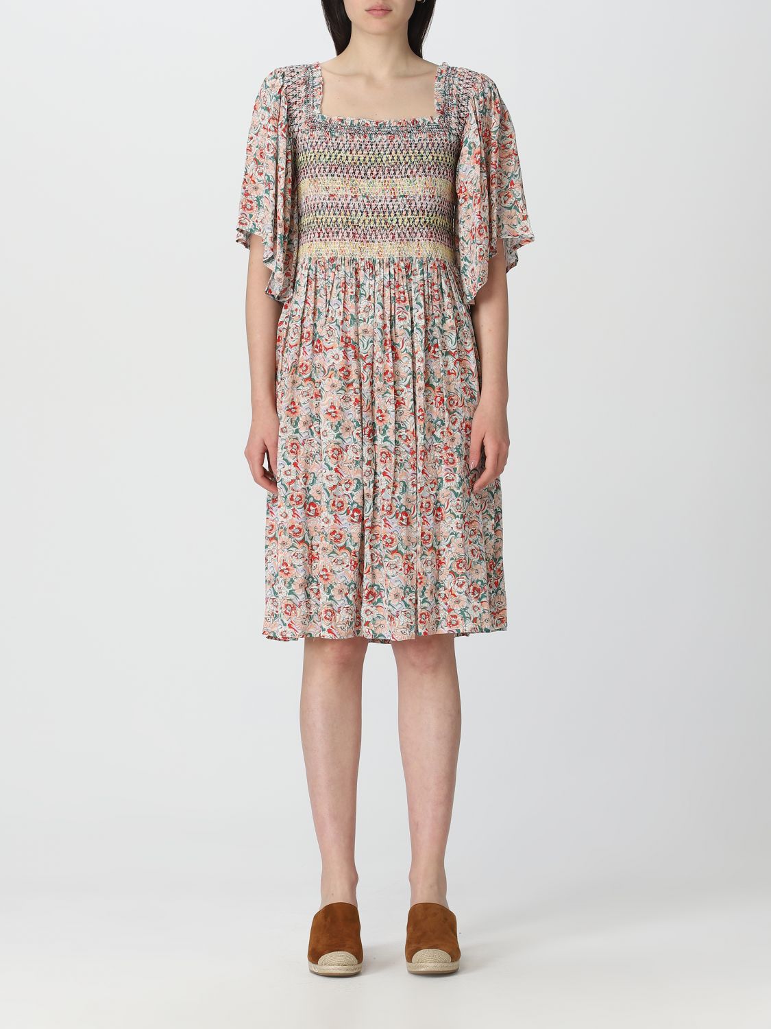 See By Chloé Floral Motif Square Neck Dress In Beige