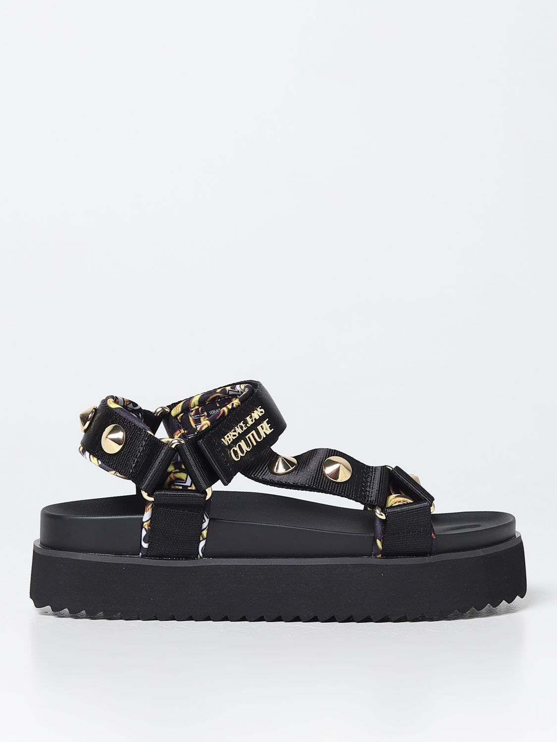 VERSACE JEANS COUTURE: fabric sandals with studs - Black | Versace ...