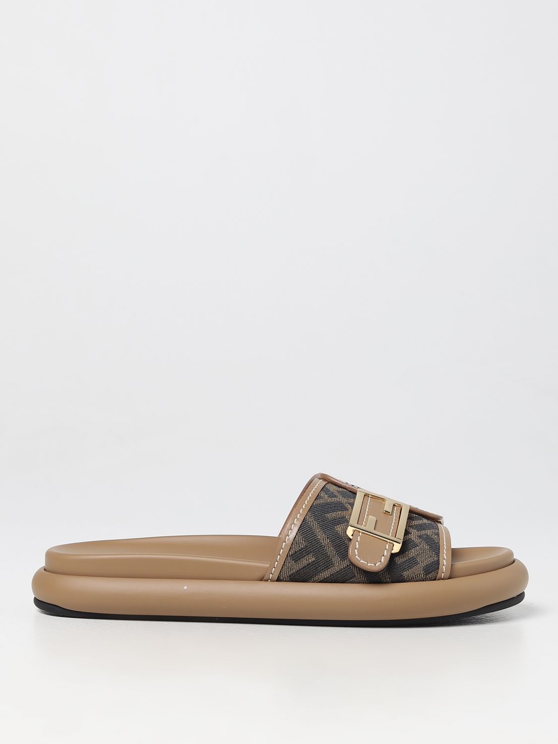 FENDI: Feel slides in leather and fabric with jacquard monogram - Brown ...