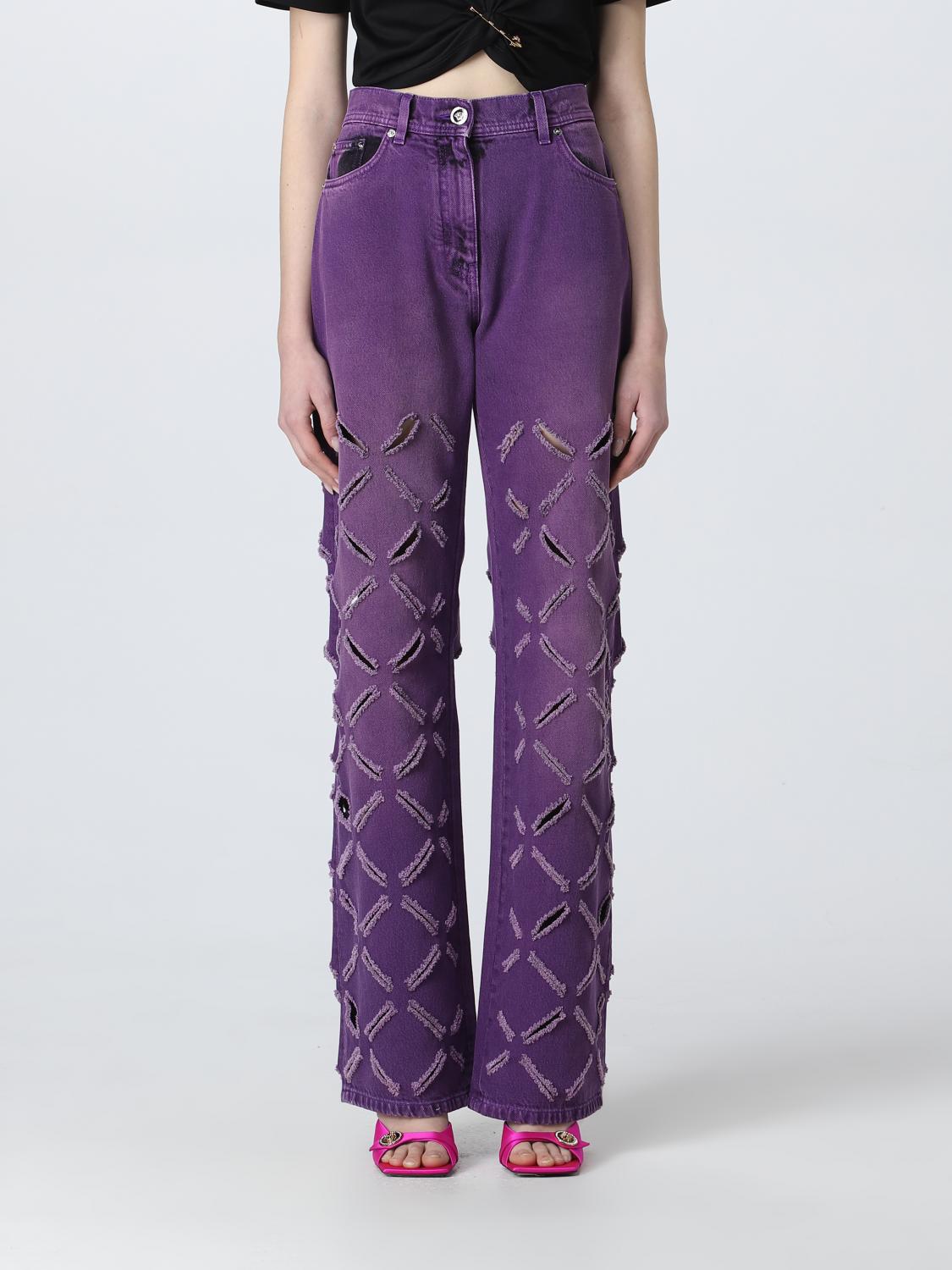 Versace Laser Cut Distressed Straight-leg Bleached Jeans In Violet