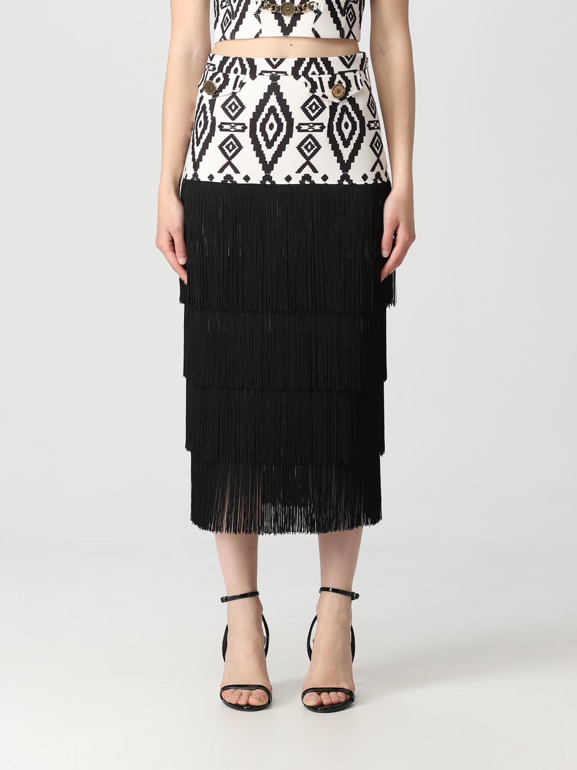Elisabetta Franchi Printed Fringed Midi Skirt In Butter