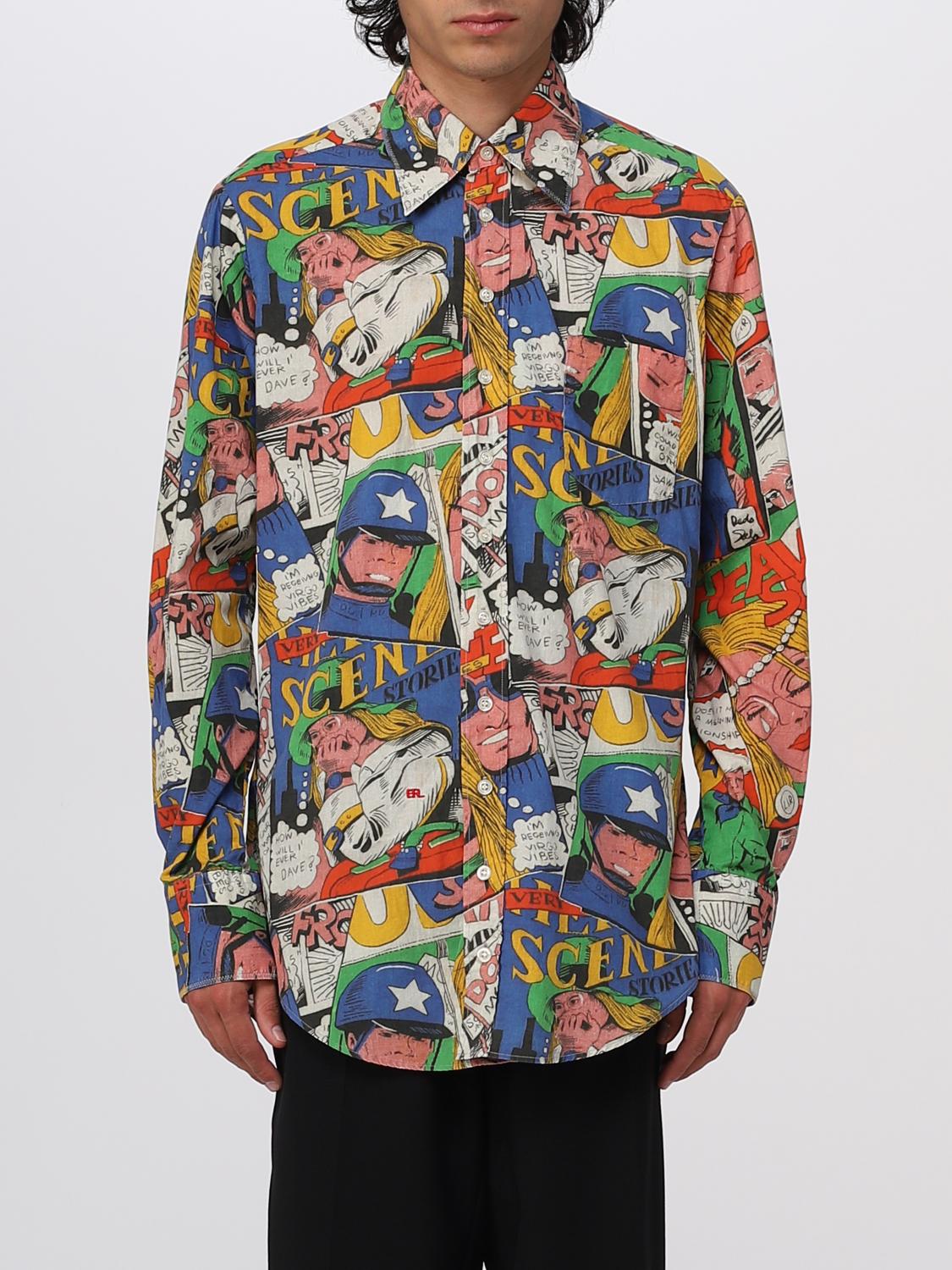 Erl Man Shirt Blue Size Xl Cotton In Multicolor