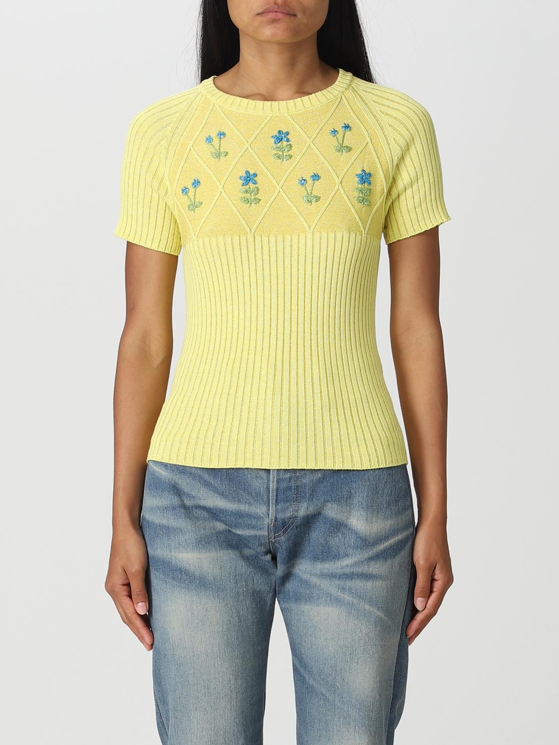 Cormio Diamond Embroidered Ribbed Metallic Cotton-blend Top In Yellow