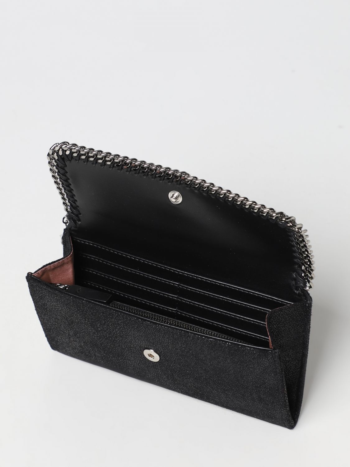 STELLA MCCARTNEY: Falabella wallet in suede synthetic leather - Black ...