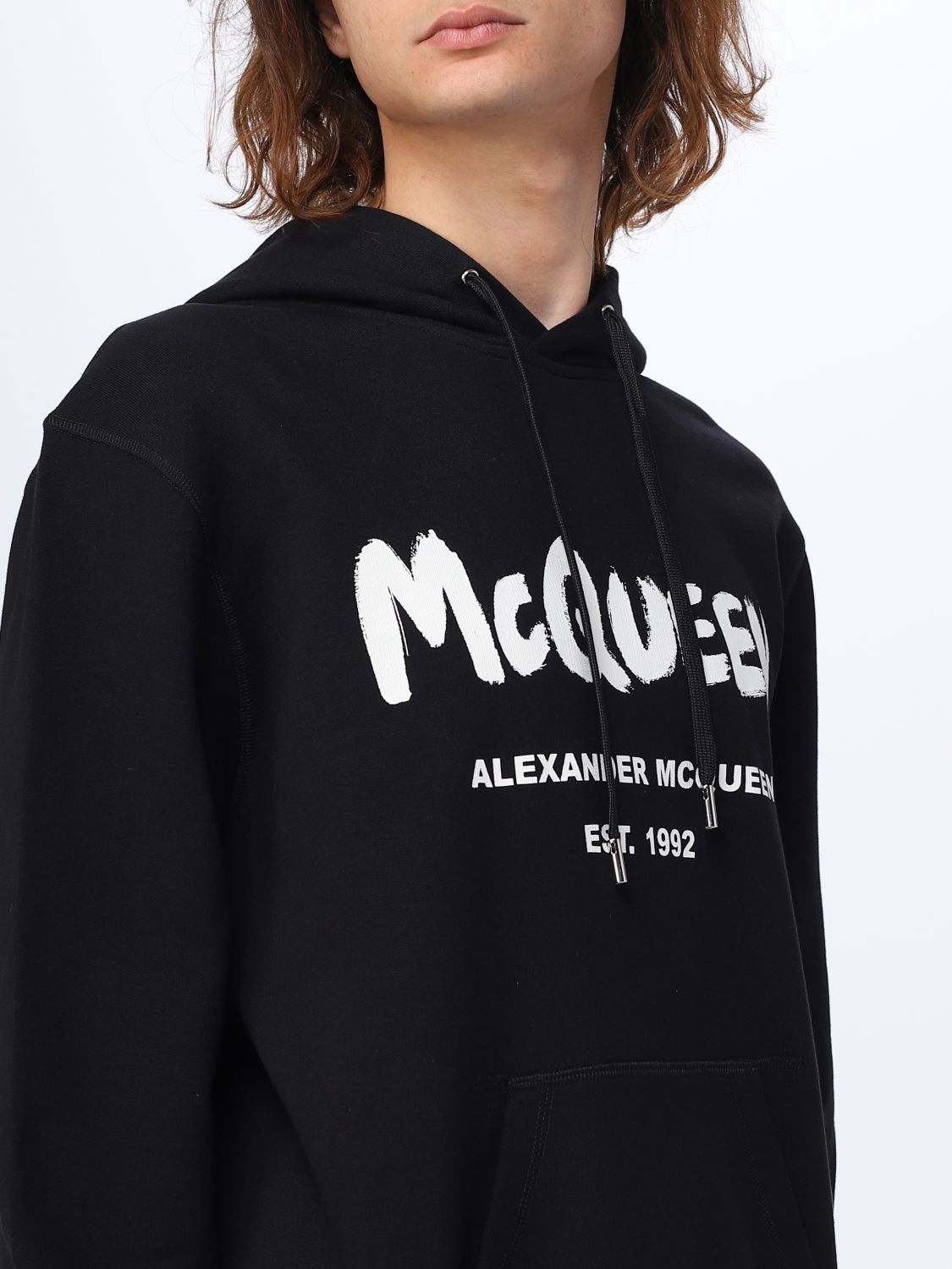 Sudadera de lujo para hombre - Sudadera negra con capucha e inscripciones  Alexander McQueen