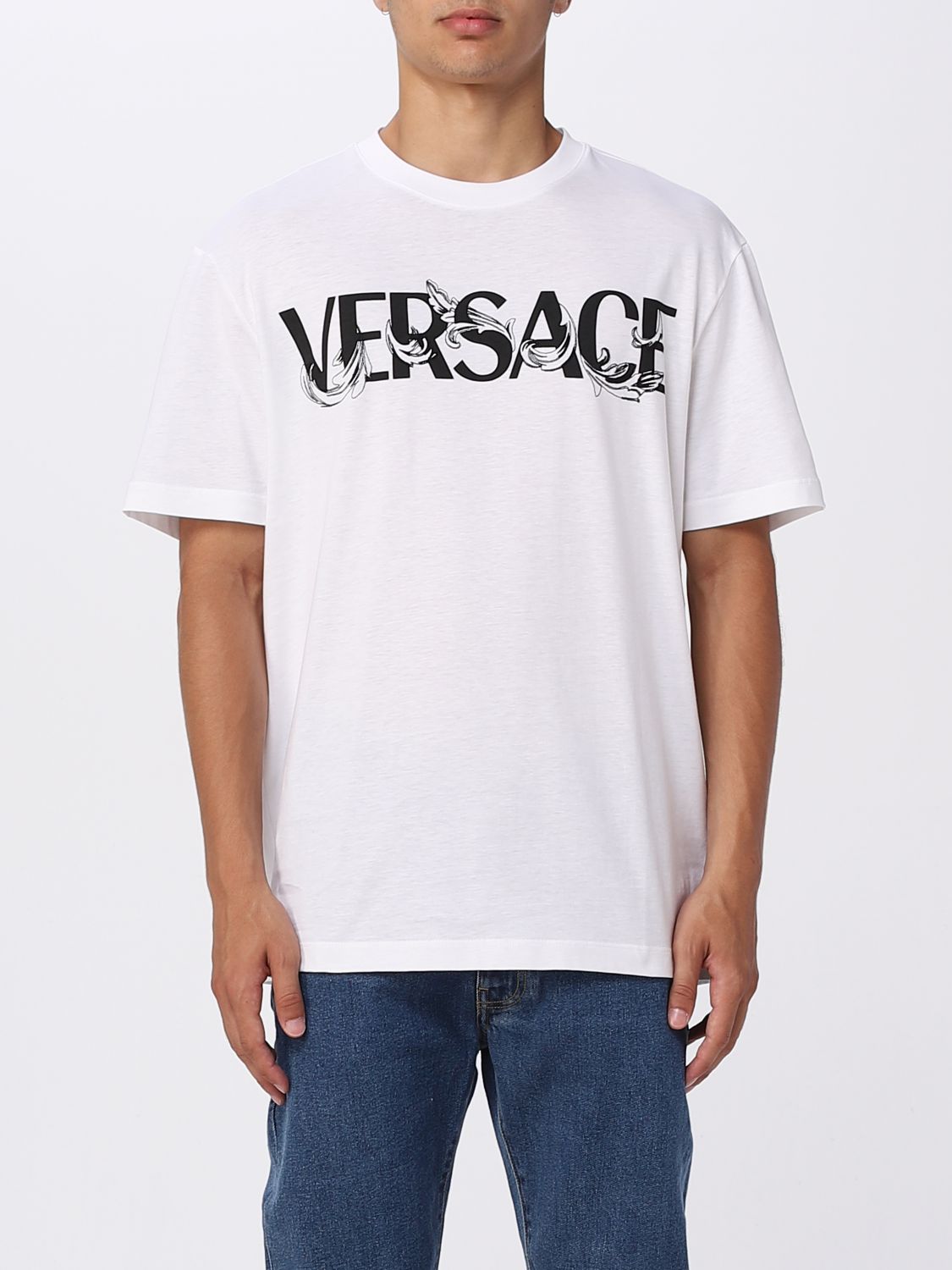 Shop Versace Cotton T-shirt With Baroque Silhouette Logo In White