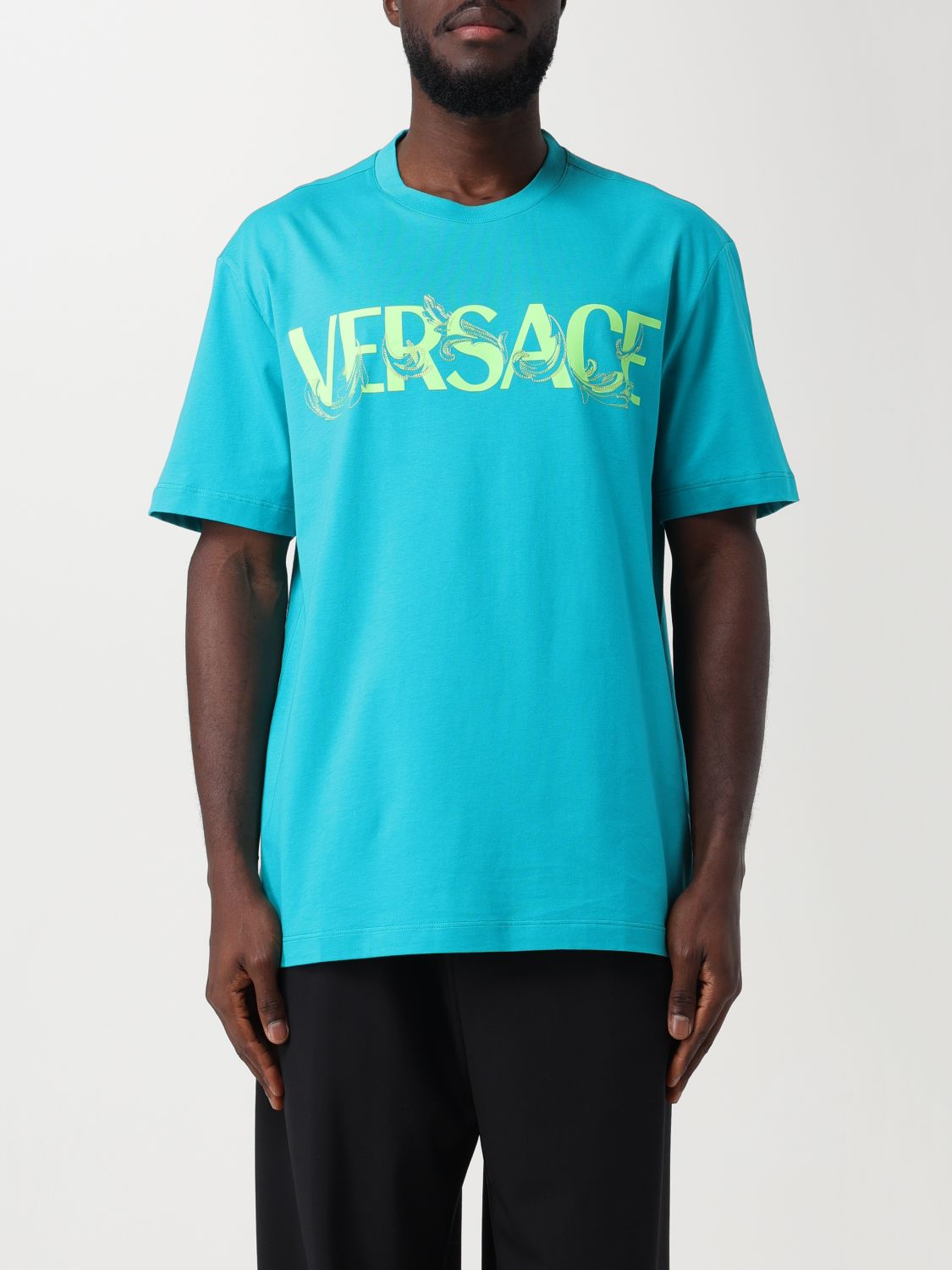 Versace Cotton T-shirt With Baroque Silhouette Logo In Green