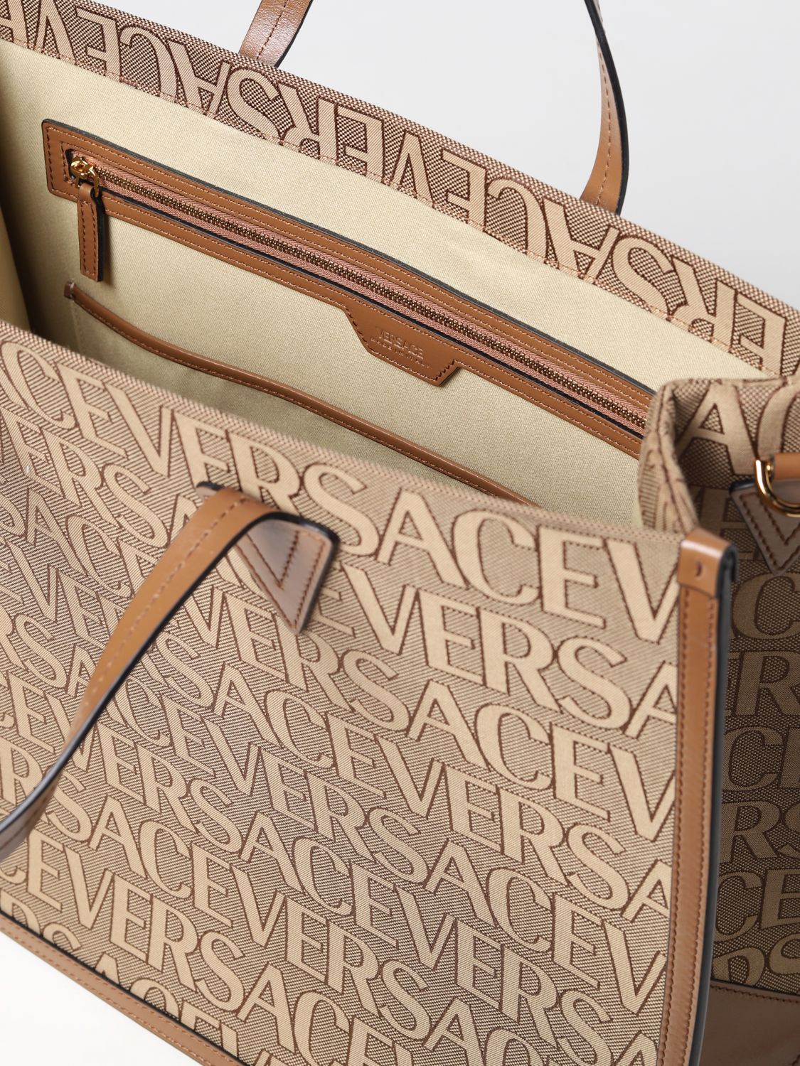 VERSACE: Allover ag in jacquard canvas - Brown  Versace tote bags  10047411A08199 online at