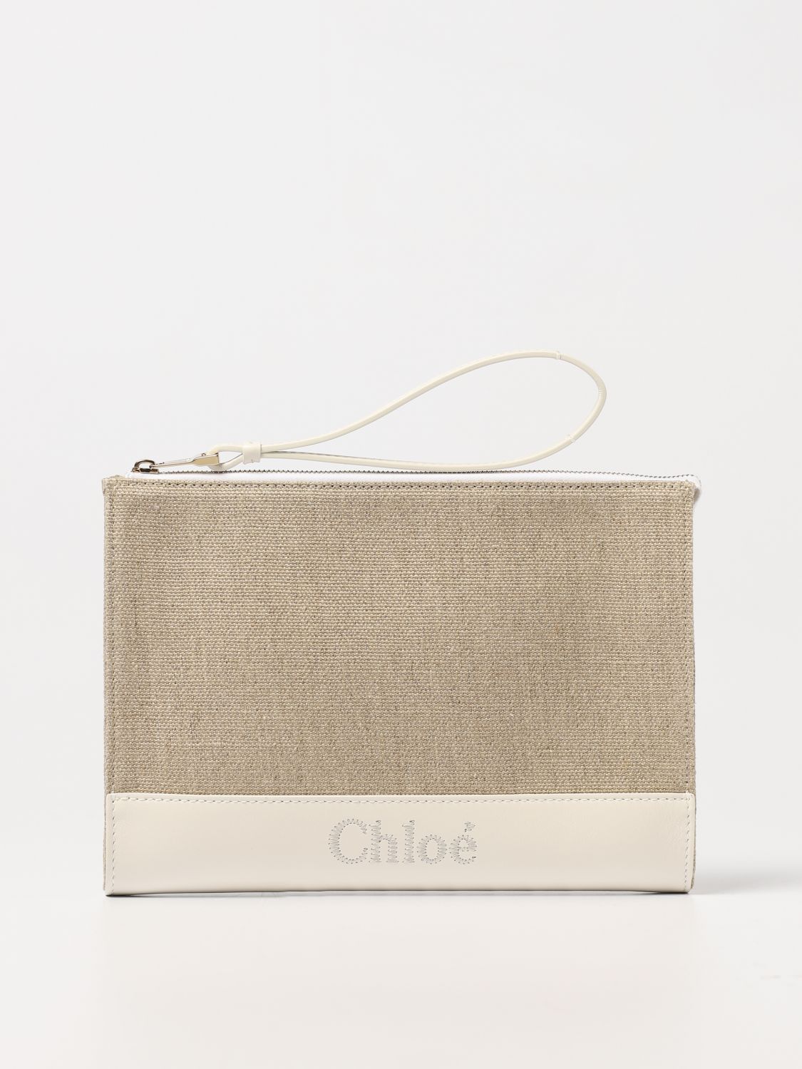 Chloé Clutch In Canvas And Leather With Embroidered Logo In Dove Grey