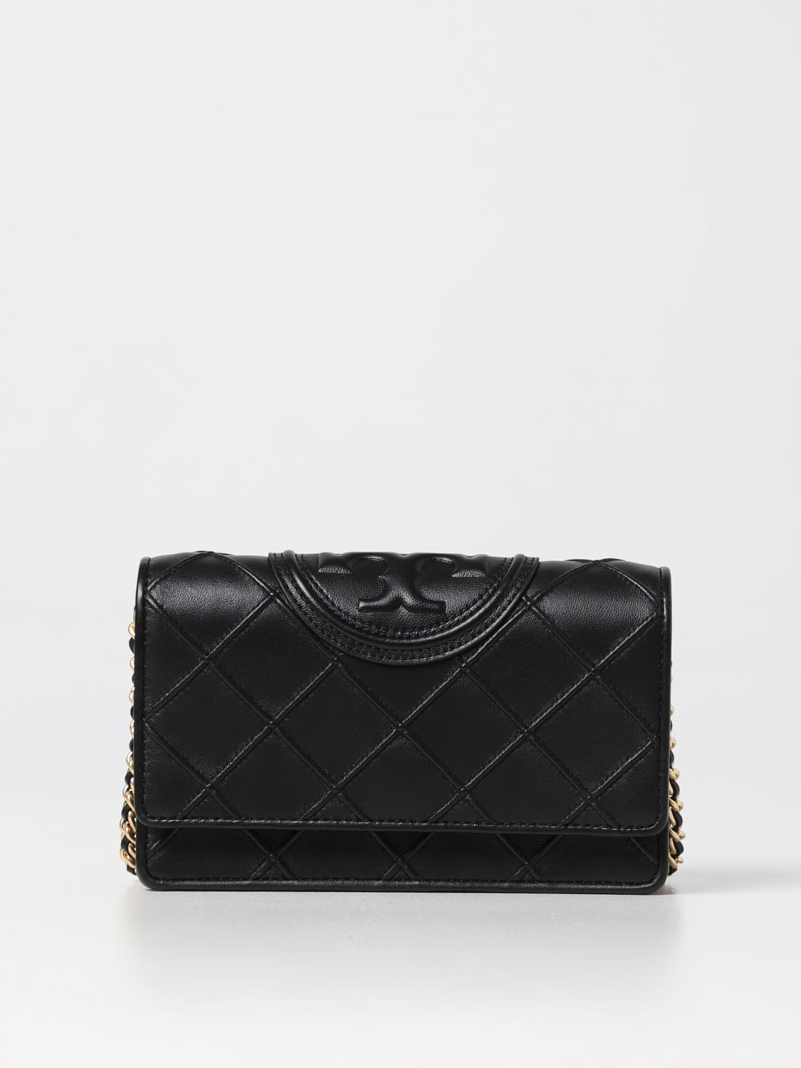 Tory Burch Stitched Leather Shoulder Bag With Embossed Logo In Black
