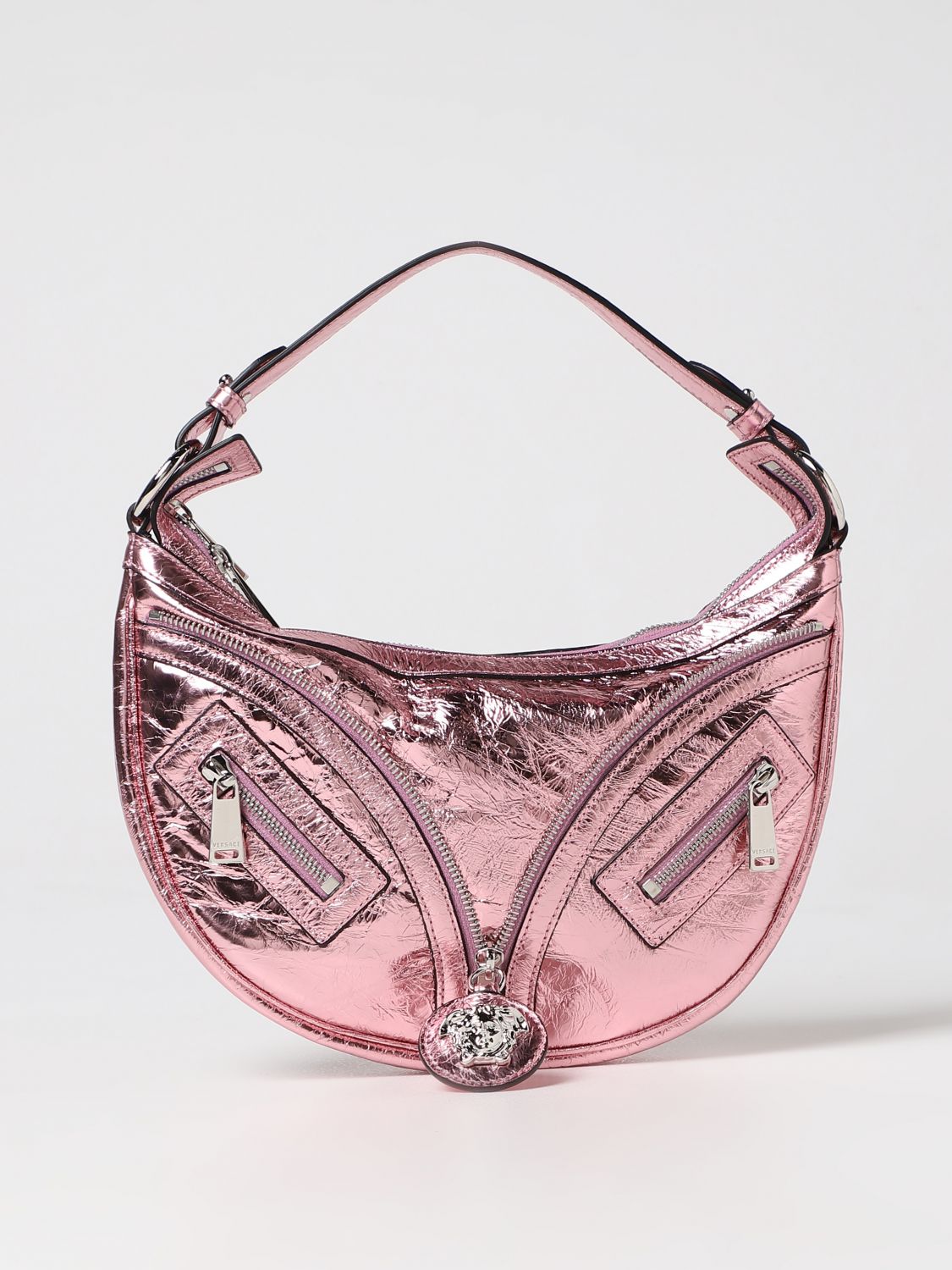 Shop Versace Repeat Bag In Laminated Leather In Pink