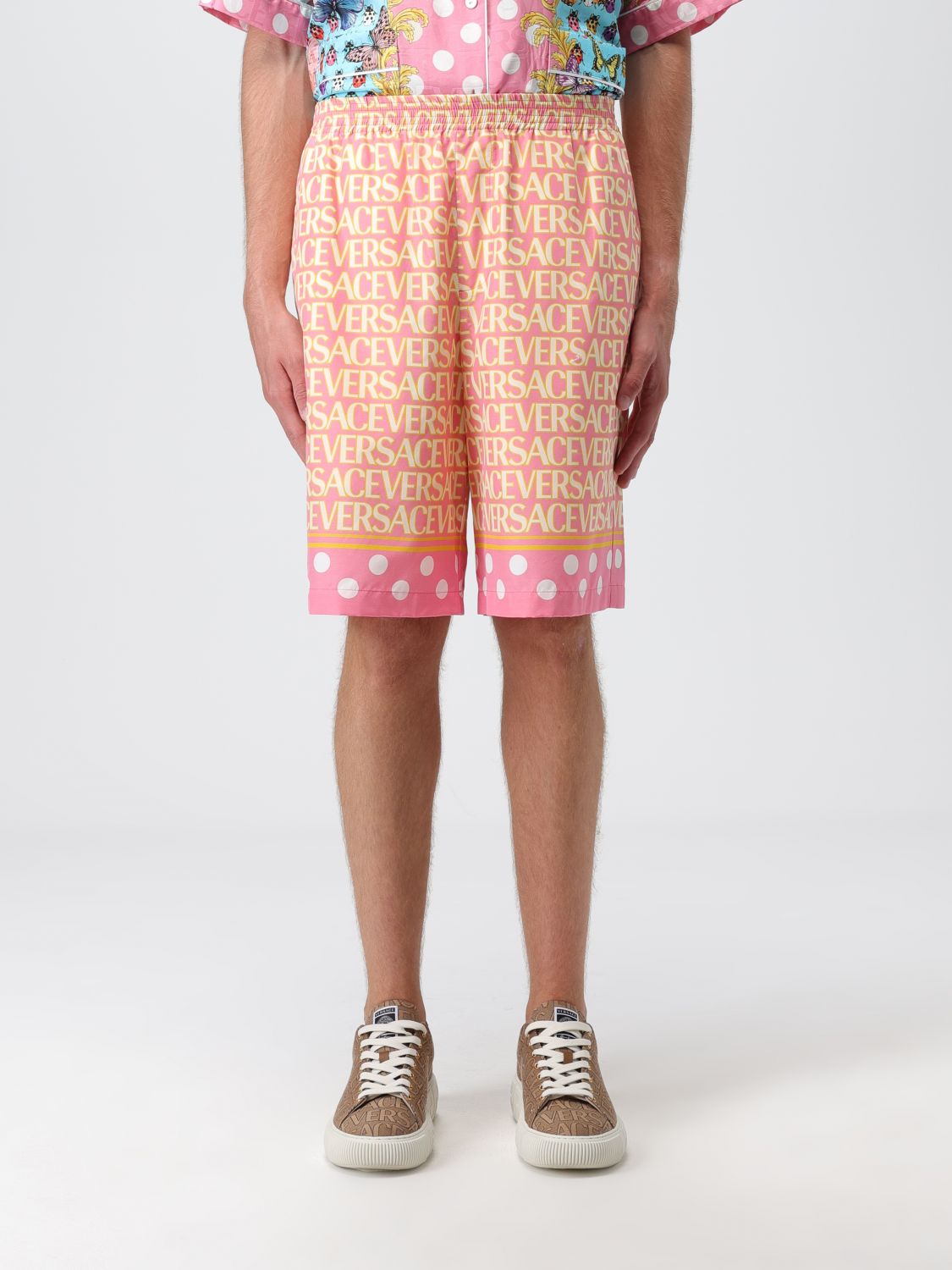 Shop Versace Shorts In Printed Cotton In Pink