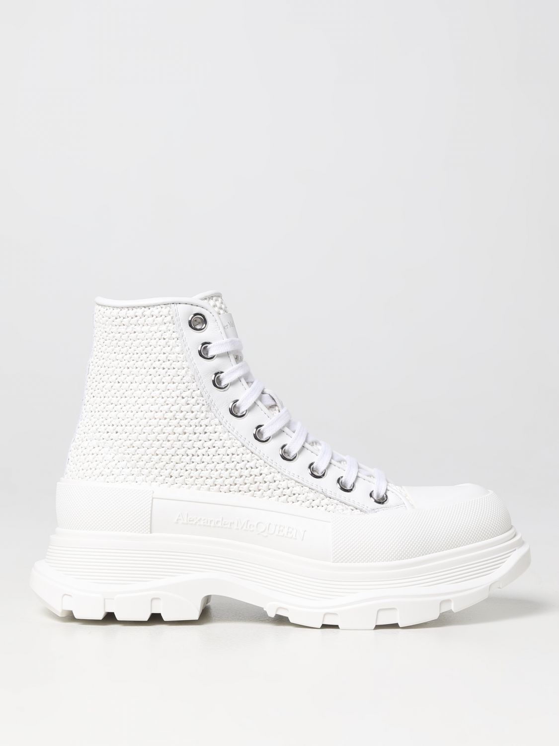 Women's Luxury Sneakers - Alexander McQueen Tread Slick high Pink and White  Canvas Sneakers