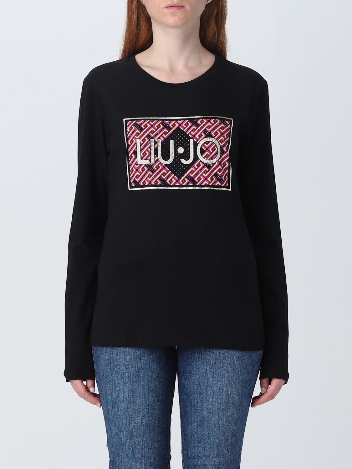 LIU-JO t-shirt donna a maniche lunghe ROSA girocollo con logo e strass