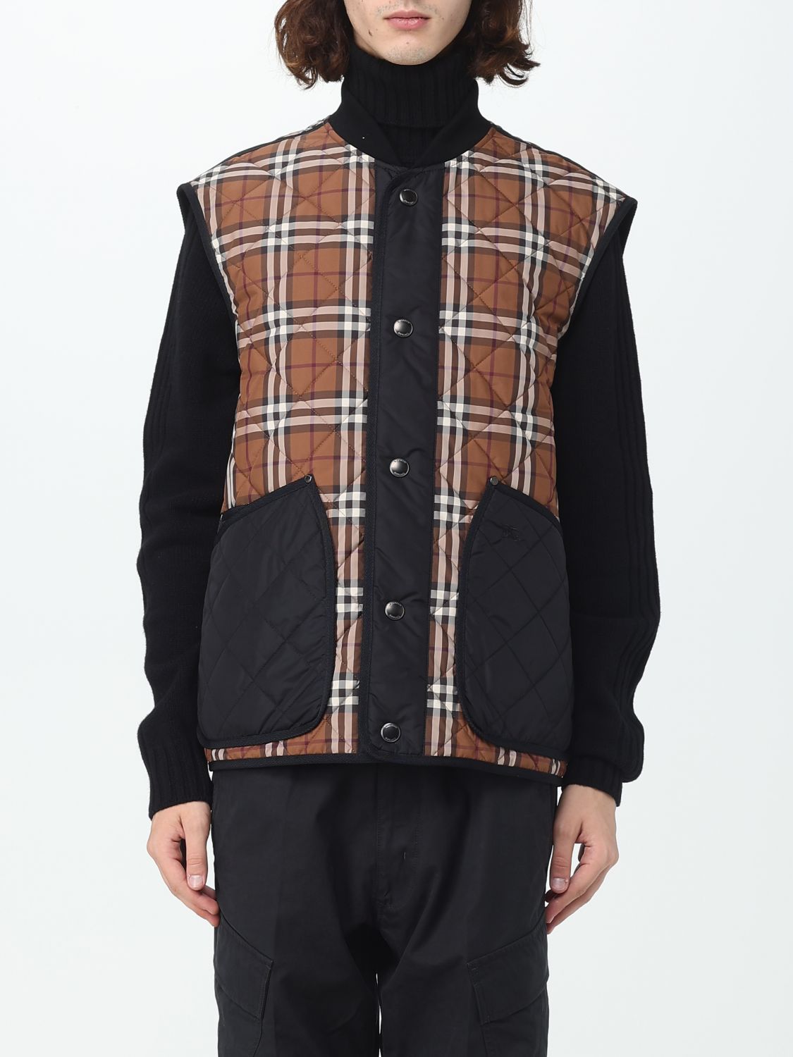 Shop Burberry Vest In Quilted Nylon With Check Pattern In Brown