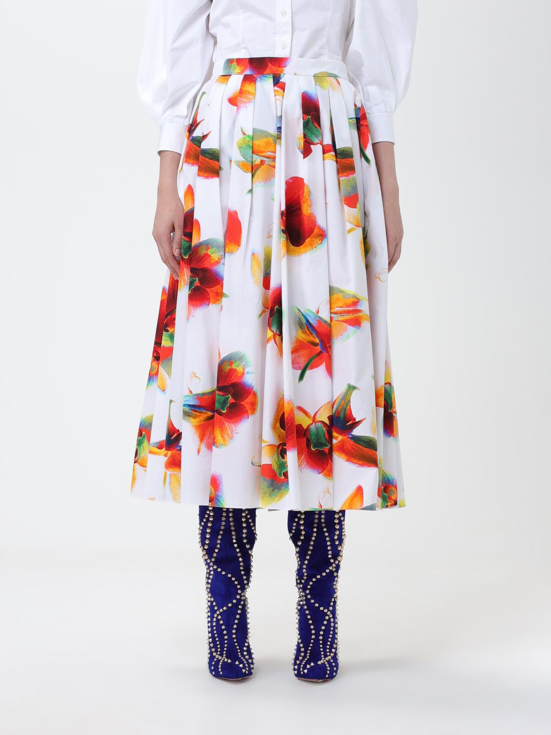 Alexander Mcqueen Solarised Orchid-print Cotton Midi Skirt In White