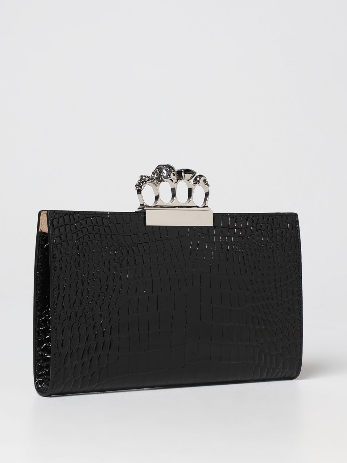 ALEXANDER MCQUEEN: Skull clutch in croco print leather - Black