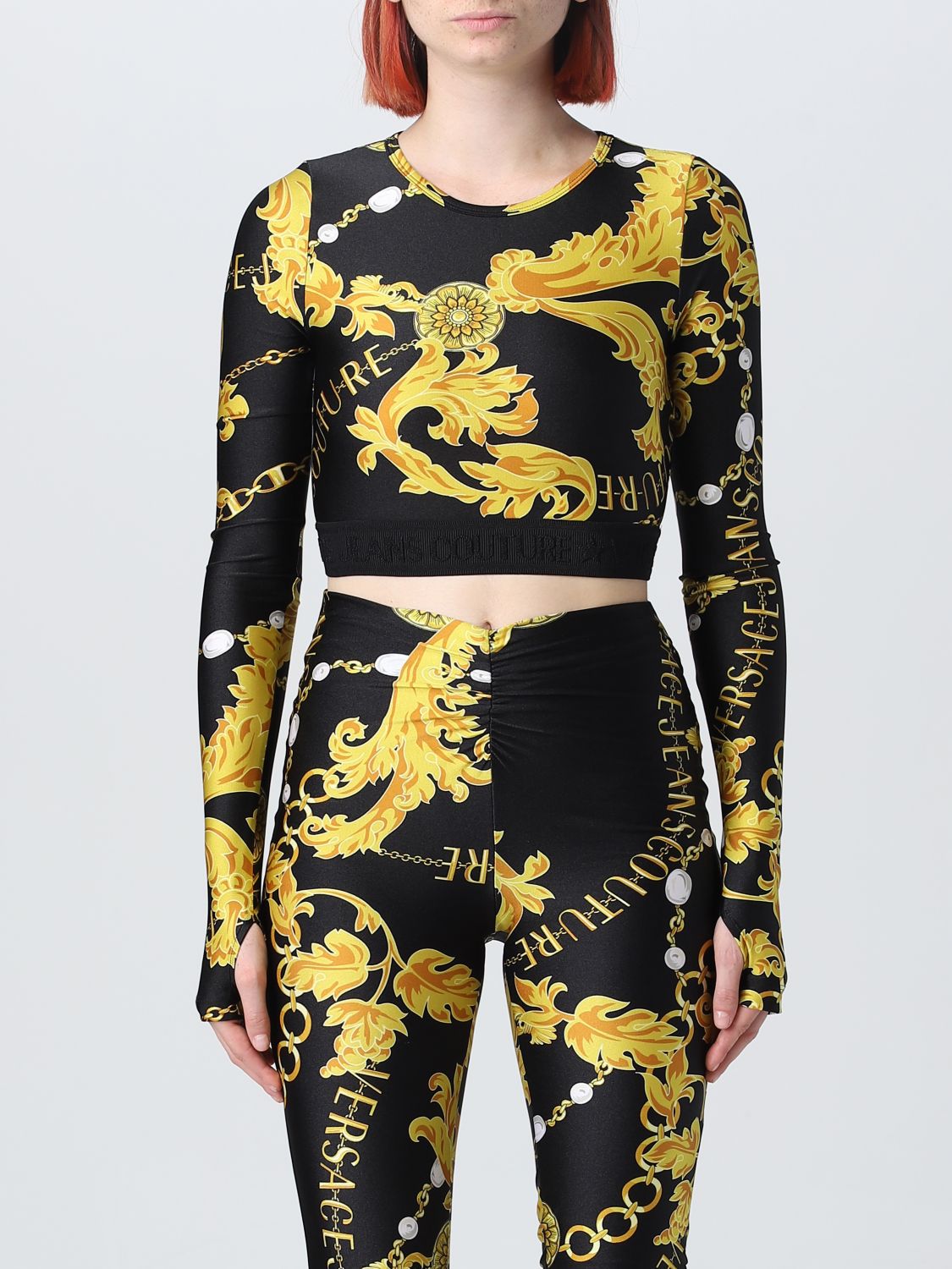 Shop Versace Jeans Couture Nylon Top With Baroque Print In Black