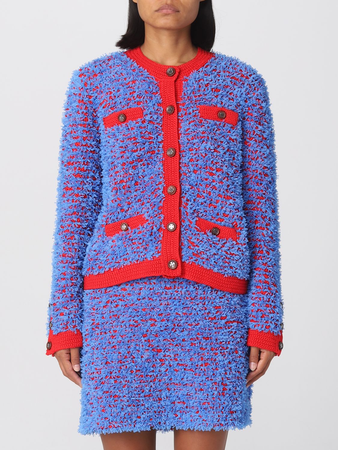 Shop Tory Burch Cardigan In Knit And Fringed Nylon In Blue