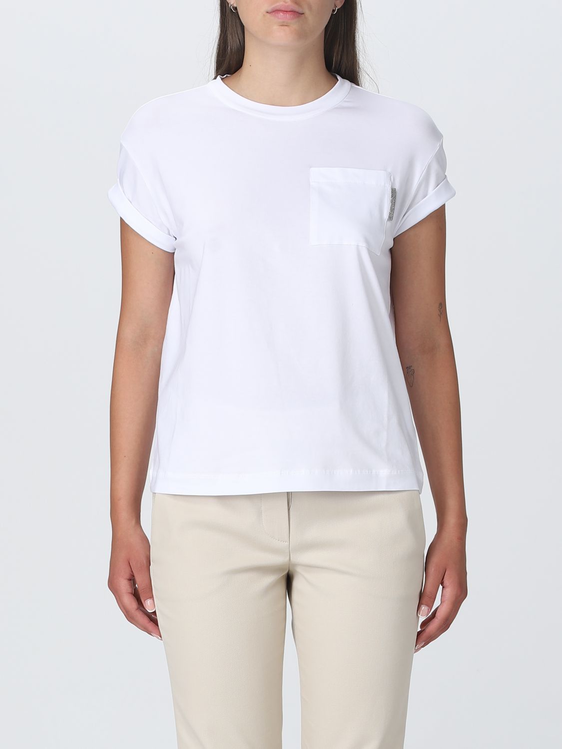 Shop Brunello Cucinelli Cotton T-shirt With Monili In White