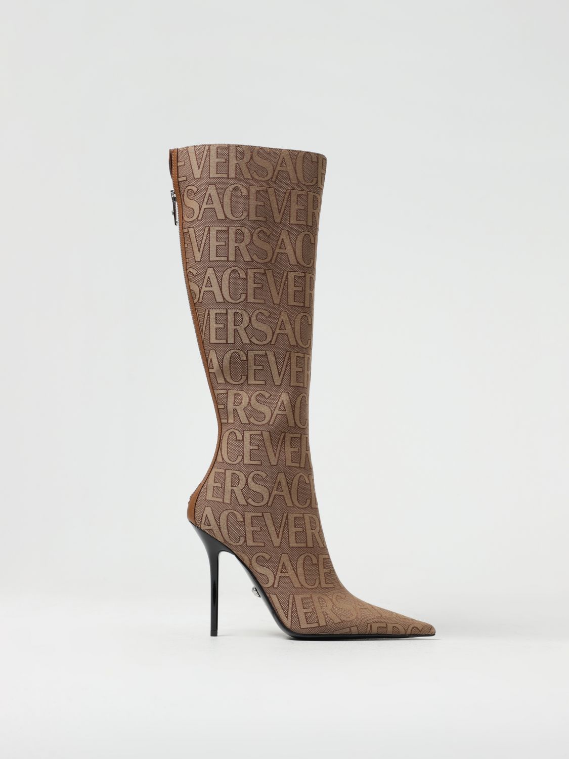 Shop Versace Boots In Fabric With All Over Jacquard Logo In Beige