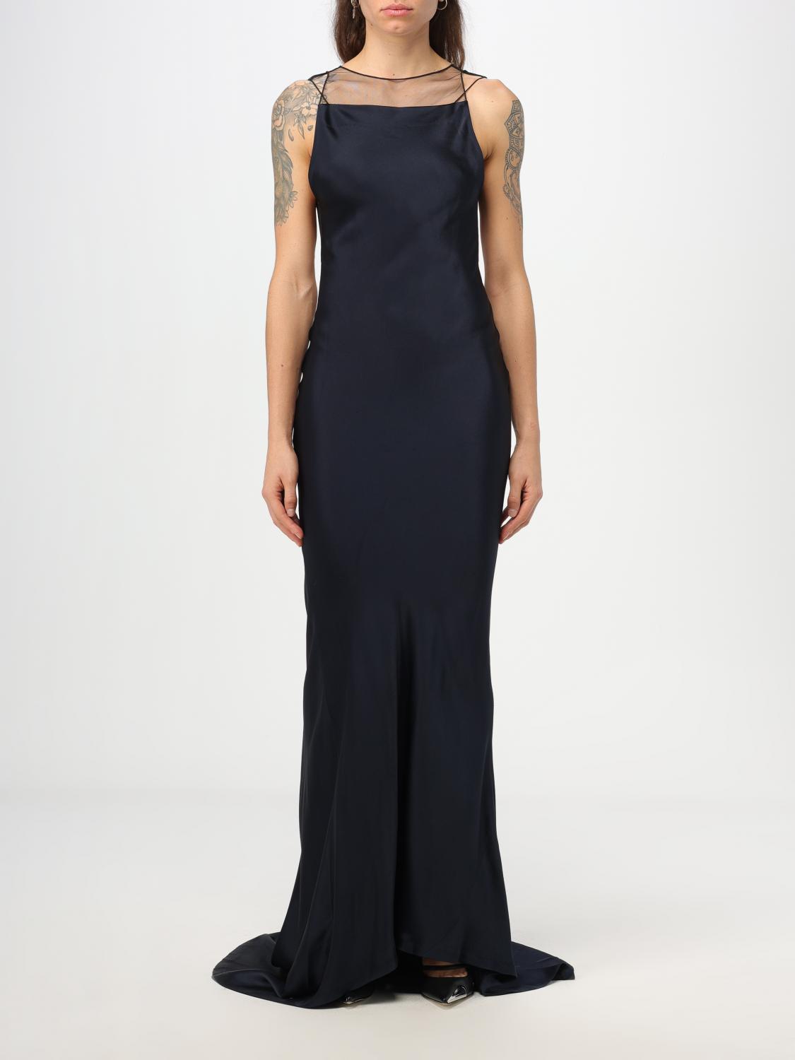 Maison Margiela Satin Open-back Trumpet Gown With Sheer Detail In Blue
