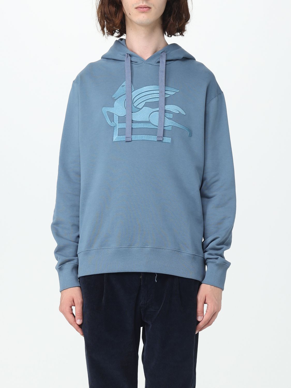 Shop Etro Sweatshirt In Cotton With Pegasus Embroidery In Blue