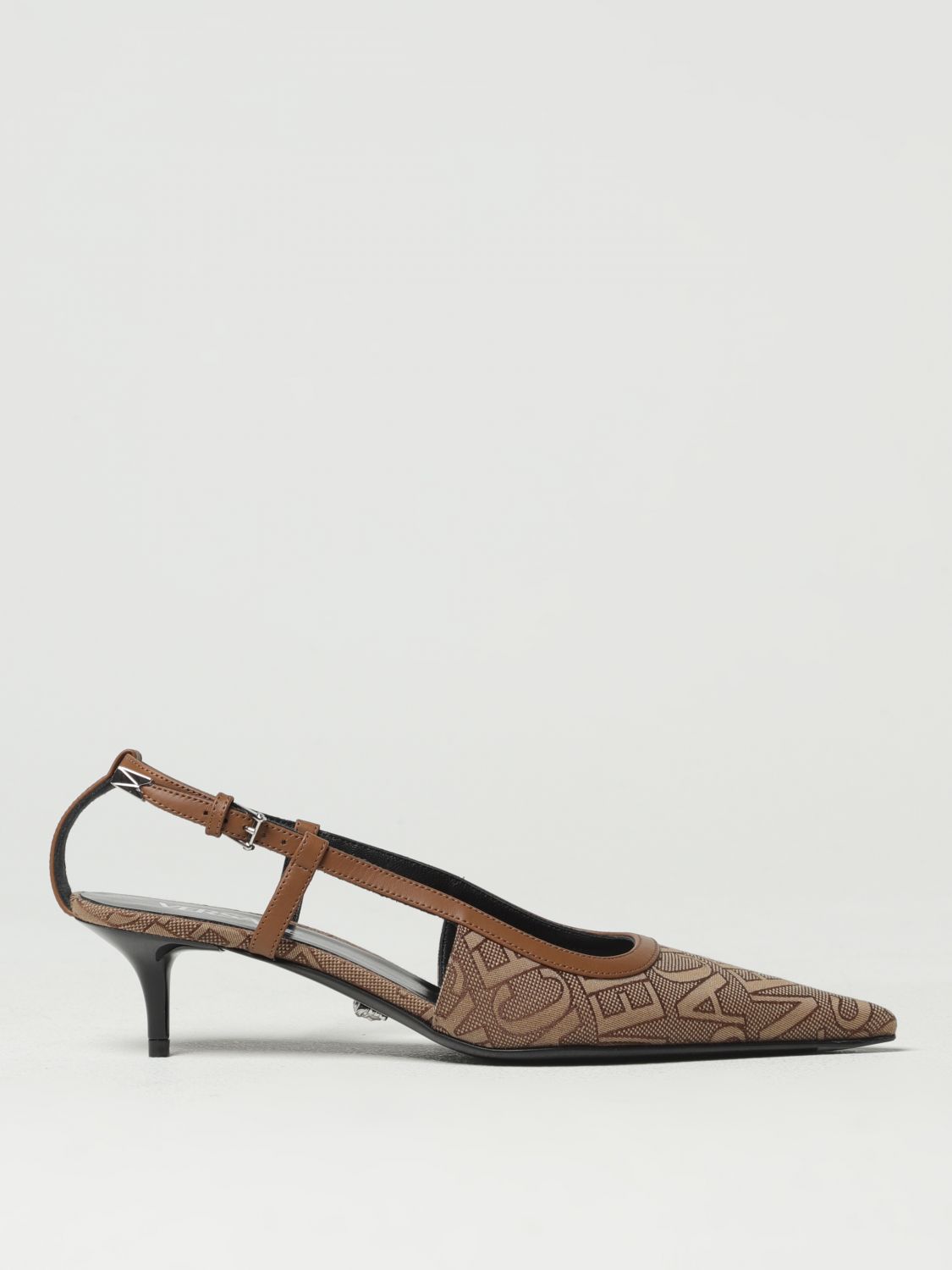 Shop Versace Slingbacks In Fabric With Jacquard Logo And Leather In Beige